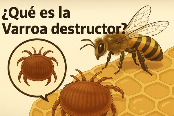 Ilustración educativa de una abeja Apis mellifera sobre un panal junto a un ácaro Varroa destructor ampliado, con el título ¿Qué es la Varroa destructor?
