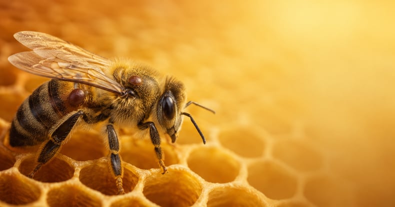 Ilustración semirrealista de una abeja melífera con ácaros Varroa destructor sobre un panal