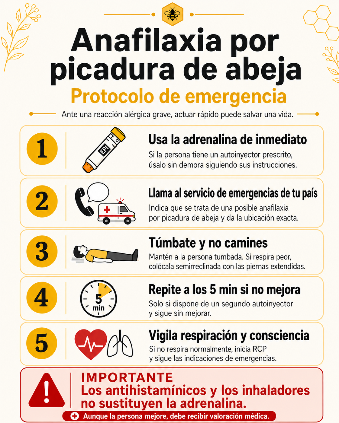 Infografía con el protocolo de emergencia ante una anafilaxia por picadura de abeja: uso de adrenalina, llamada a emergencias, posición segura y vigilancia.