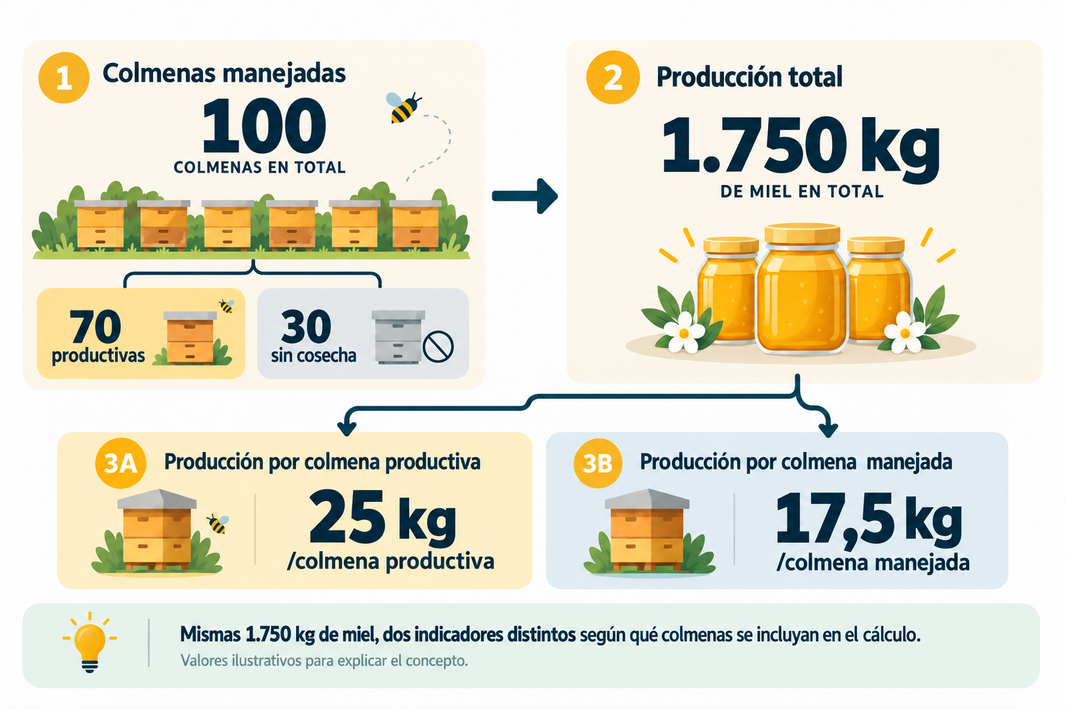 Esquema comparativo que muestra 100 colmenas manejadas, de las cuales 70 son productivas y 30 no producen cosecha, con una producción total de 1.750 kg de miel, equivalente a 25 kg por colmena productiva y 17,5 kg por colmena manejada.