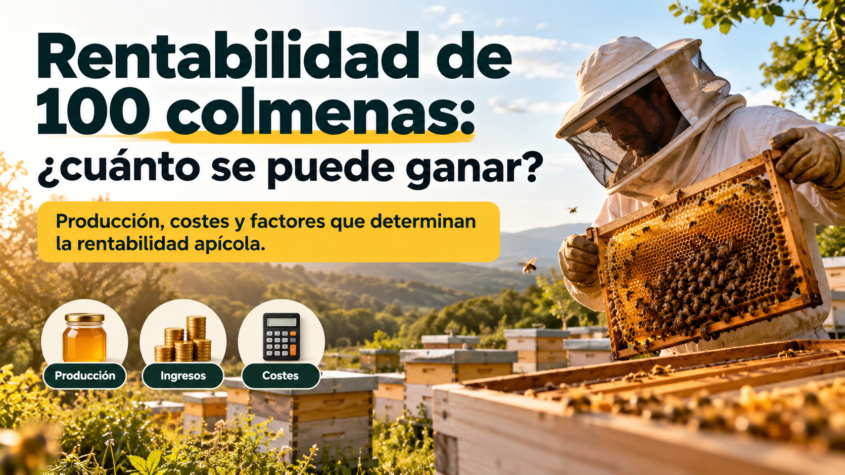 Portada ilustrada sobre la rentabilidad de una explotación apícola de 100 colmenas.