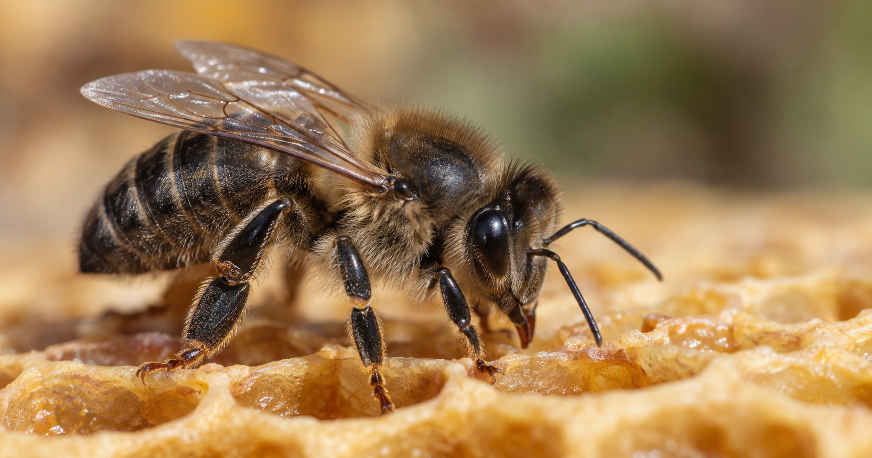 Abeja negra ibérica (Apis mellifera iberiensis) sobre un panal.