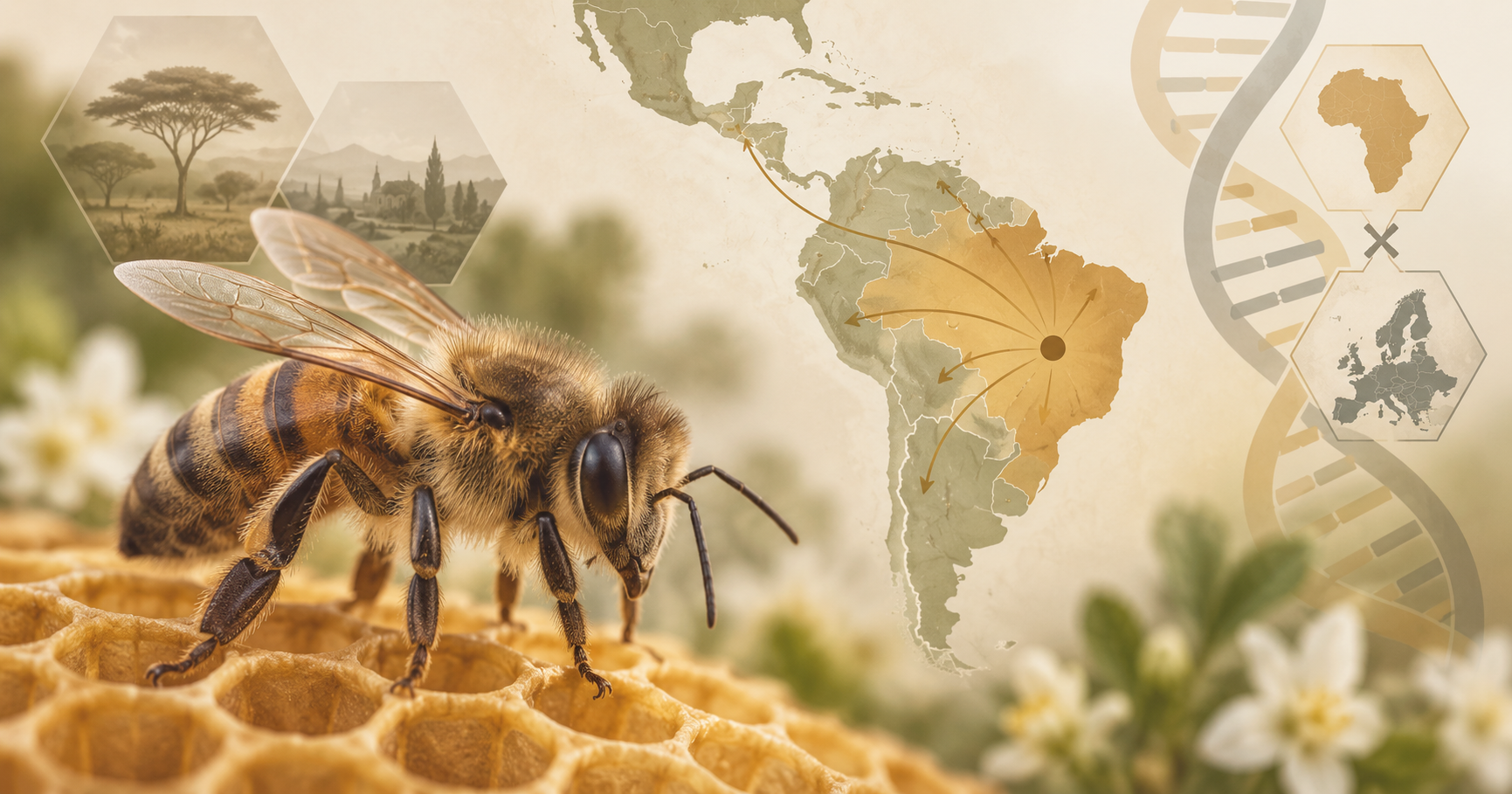 Mapa de la expansión de las abejas africanizadas en América Latina junto a la ilustración de una abeja sobre panal.